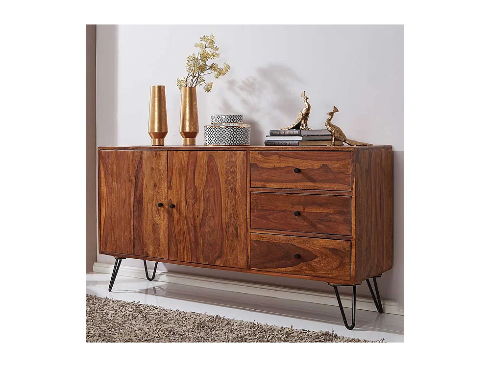 Wohnzimmer Sideboard aus Sheesham Massivholz und Eisen drei Schubladen