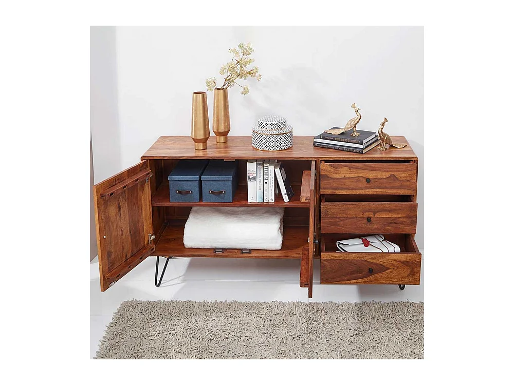 Wohnzimmer Sideboard aus Sheesham Massivholz und Eisen drei Schubladen