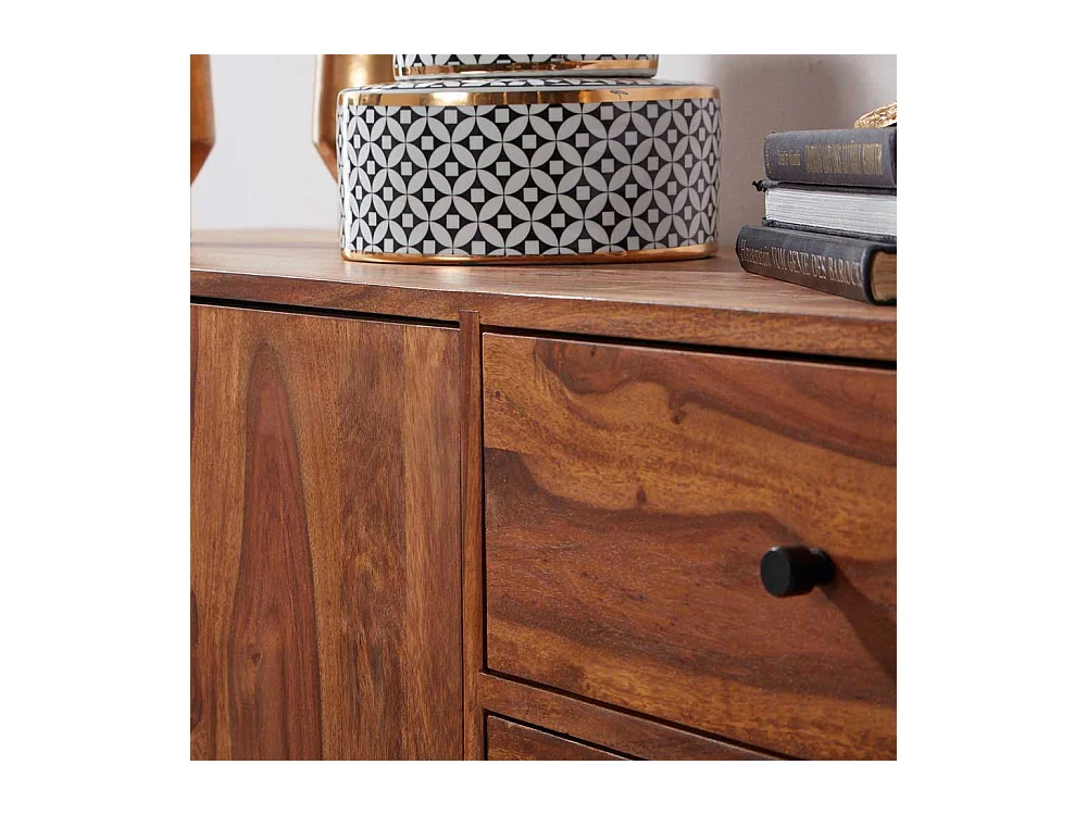 Wohnzimmer Sideboard aus Sheesham Massivholz und Eisen drei Schubladen