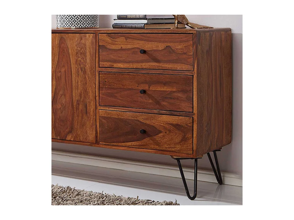 Wohnzimmer Sideboard aus Sheesham Massivholz und Eisen drei Schubladen