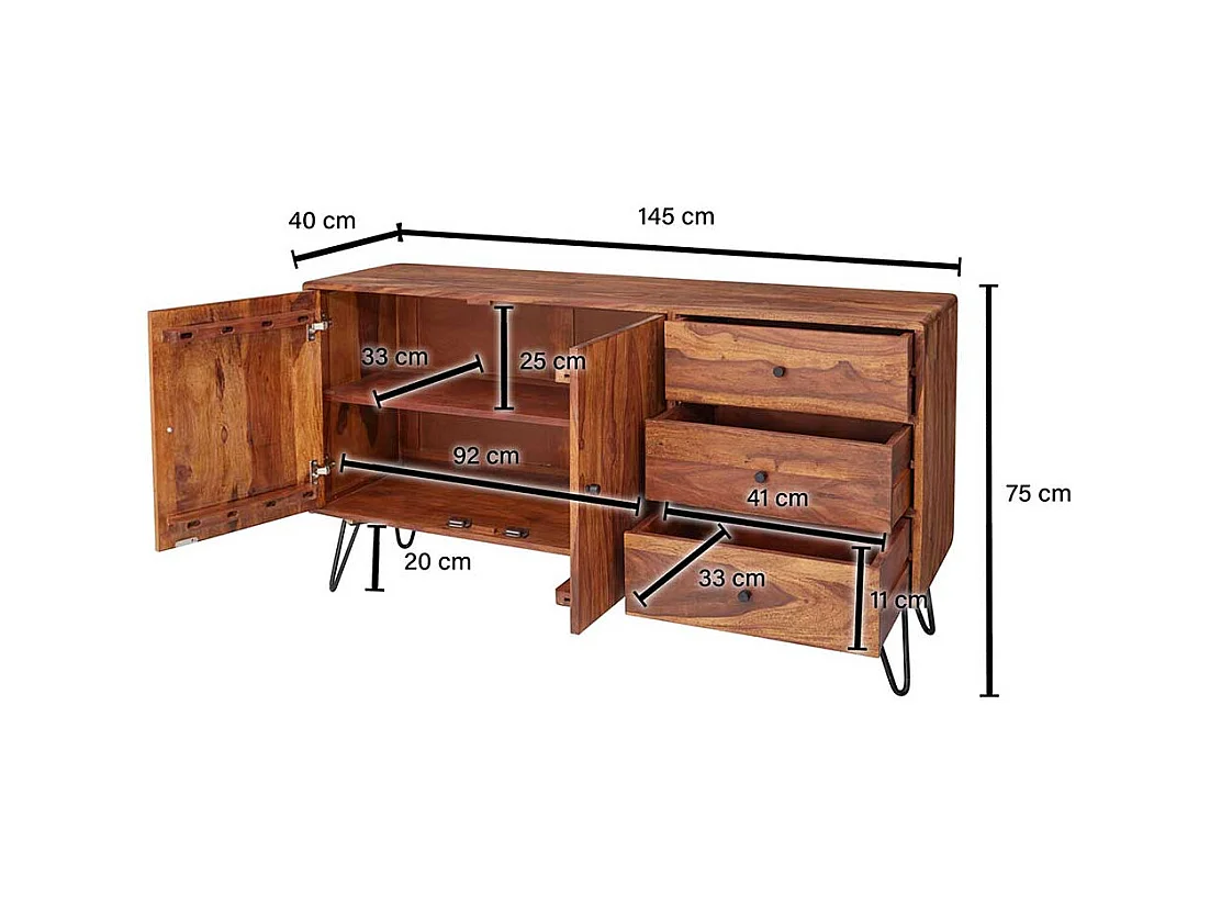 Wohnzimmer Sideboard aus Sheesham Massivholz und Eisen drei Schubladen