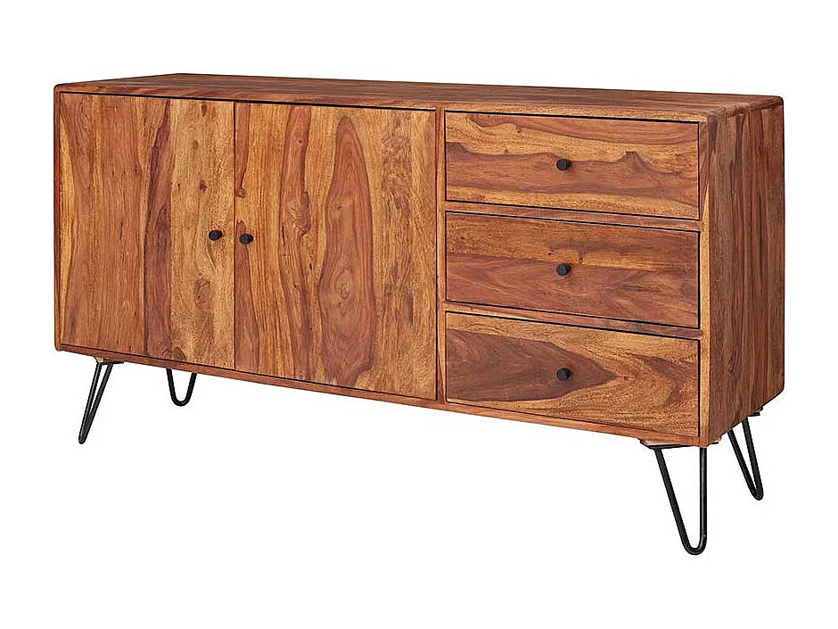 Wohnzimmer Sideboard aus Sheesham Massivholz und Eisen drei Schubladen