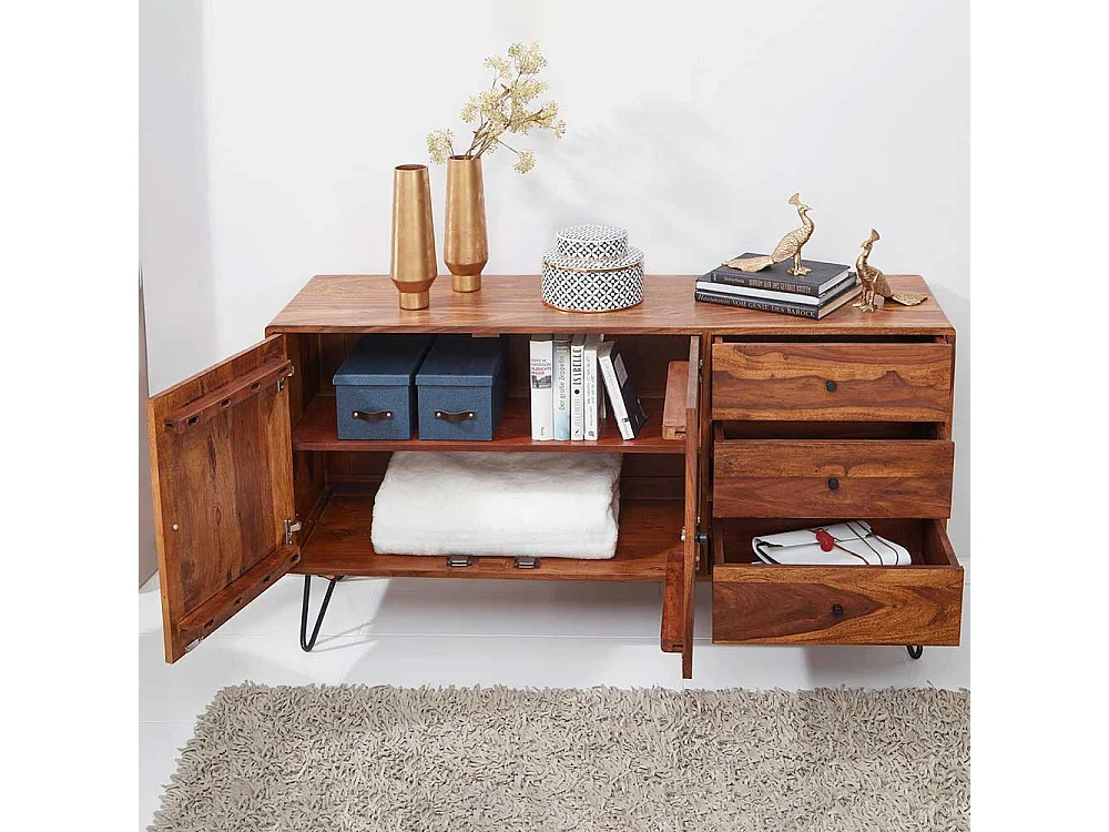 Wohnzimmer Sideboard aus Sheesham Massivholz und Eisen drei Schubladen