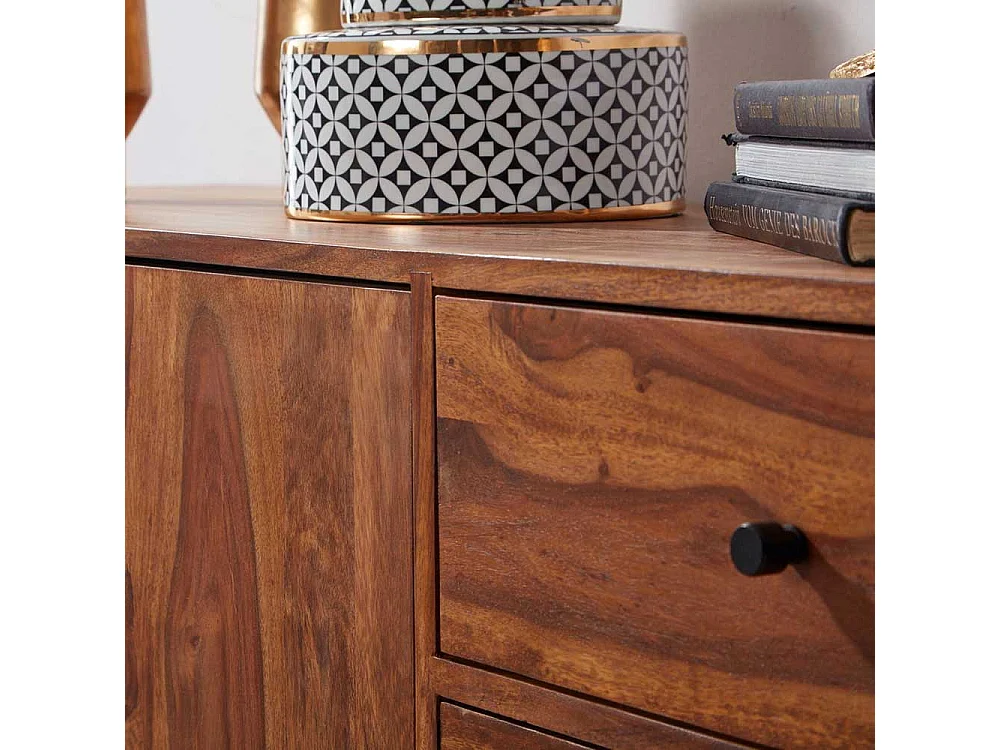 Wohnzimmer Sideboard aus Sheesham Massivholz und Eisen drei Schubladen