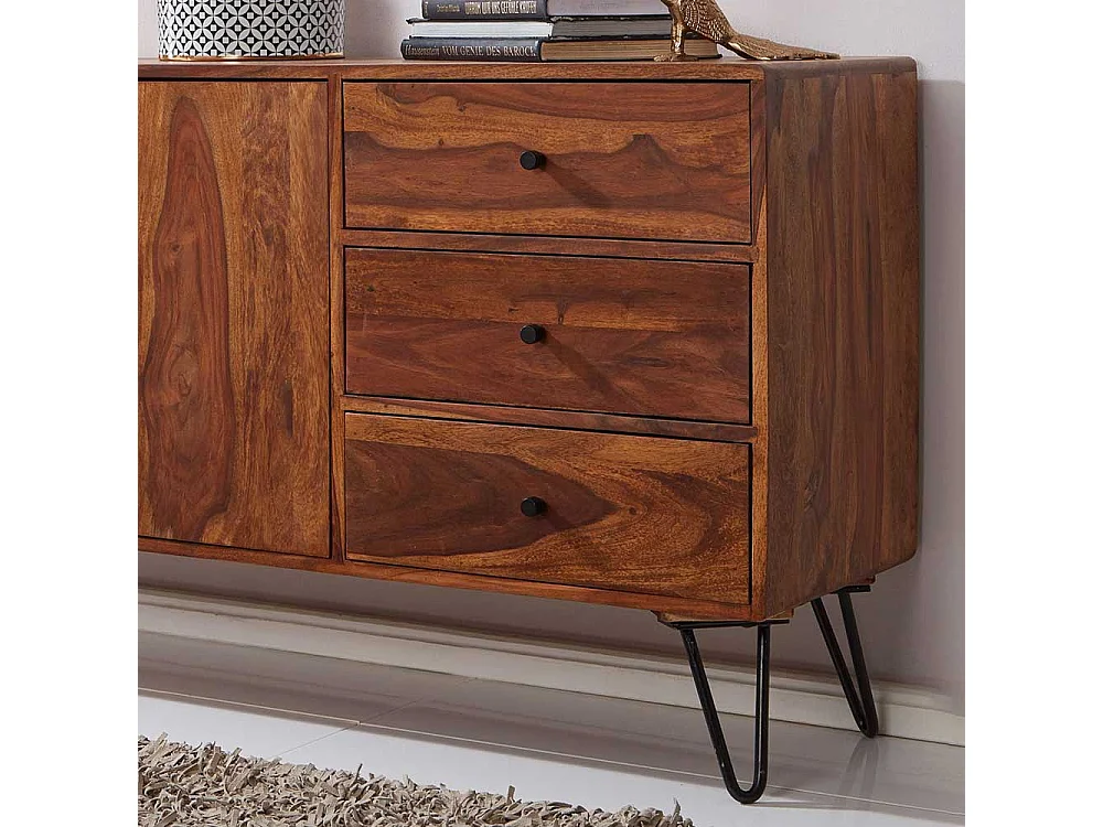 Wohnzimmer Sideboard aus Sheesham Massivholz und Eisen drei Schubladen