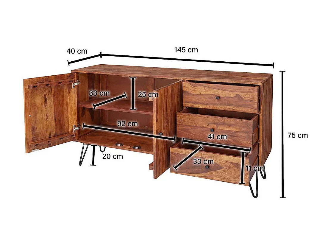 Wohnzimmer Sideboard aus Sheesham Massivholz und Eisen drei Schubladen