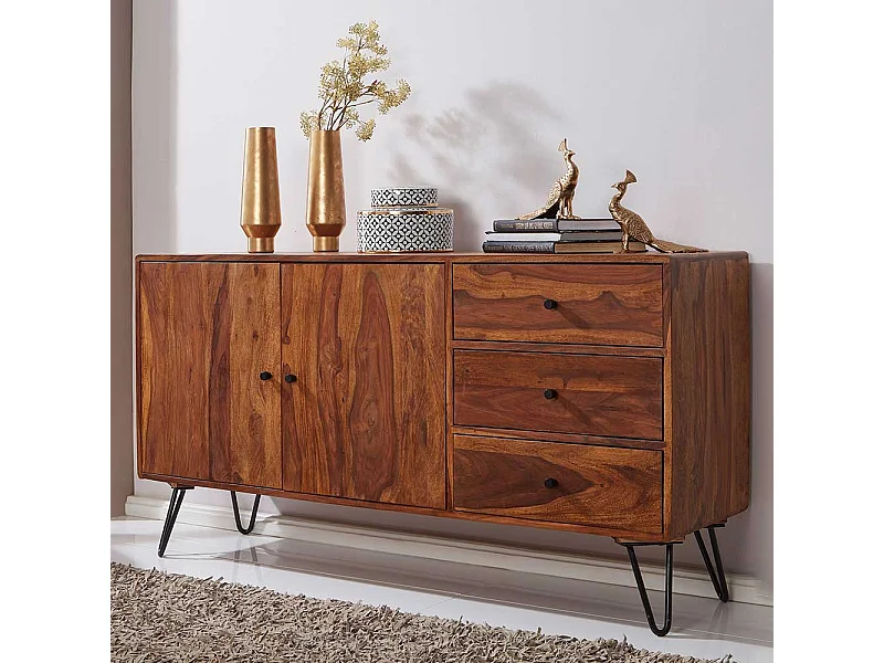 Wohnzimmer Sideboard aus Sheesham Massivholz und Eisen drei Schubladen