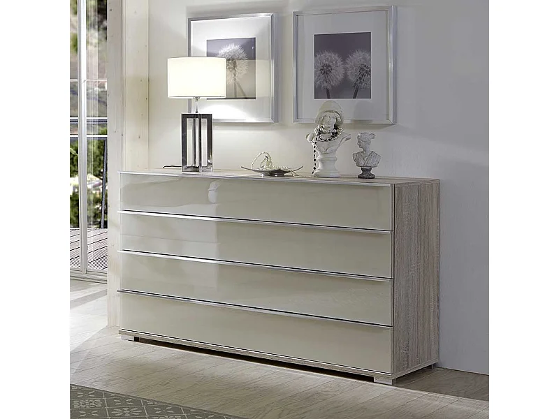 Schubladen Sideboard in Creme Weiß Glas beschichtet Eiche Sägerau