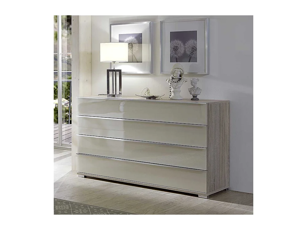 Schubladen Sideboard in Creme Weiß Glas beschichtet Eiche Sägerau