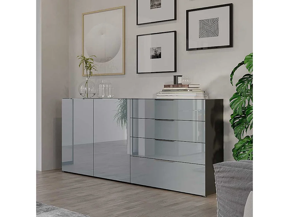 Sidebord glasbeschichtet in modernem Design vier Schubladen und zwei Türen