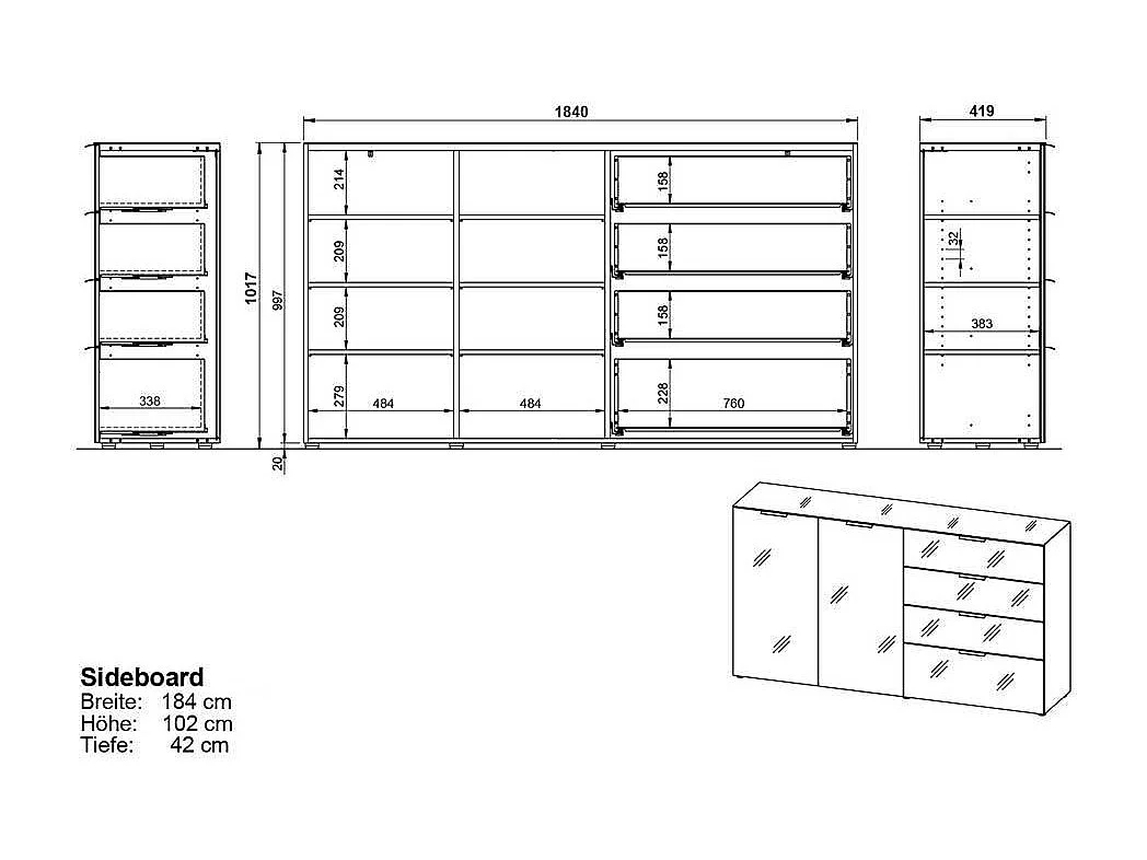 Sidebord glasbeschichtet in modernem Design vier Schubladen und zwei Türen