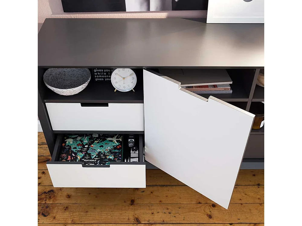 Design Sideboard in Grau und Weiß Wendefront