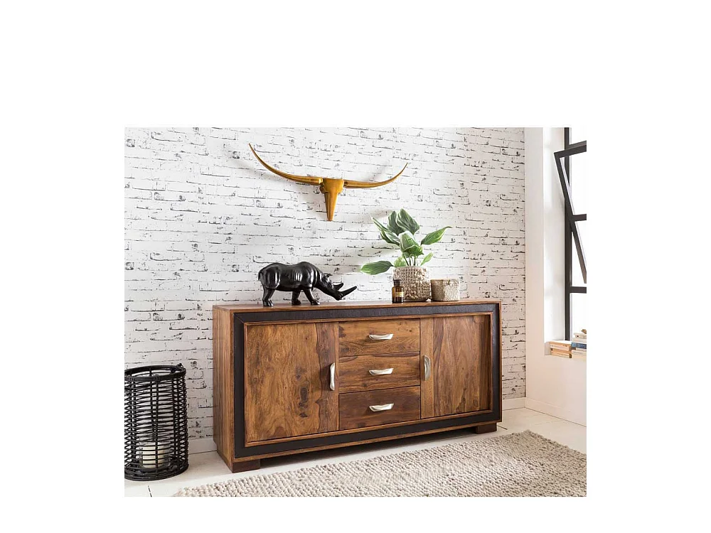 Wohnzimmer Sideboard aus Sheesham Massivholz Kunstleder