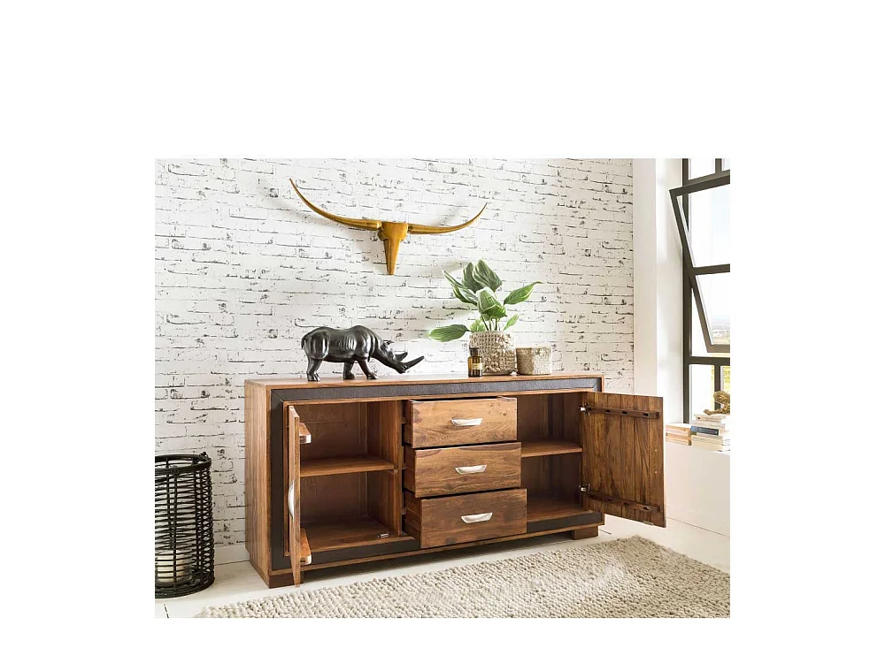 Wohnzimmer Sideboard aus Sheesham Massivholz Kunstleder