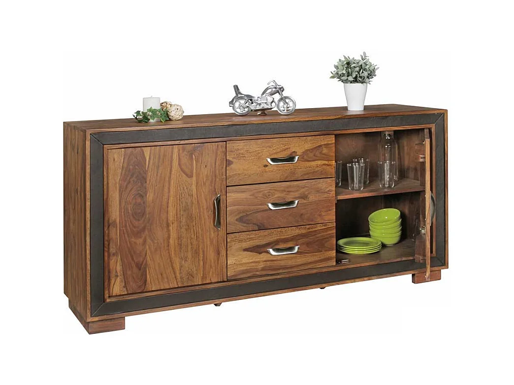 Wohnzimmer Sideboard aus Sheesham Massivholz Kunstleder