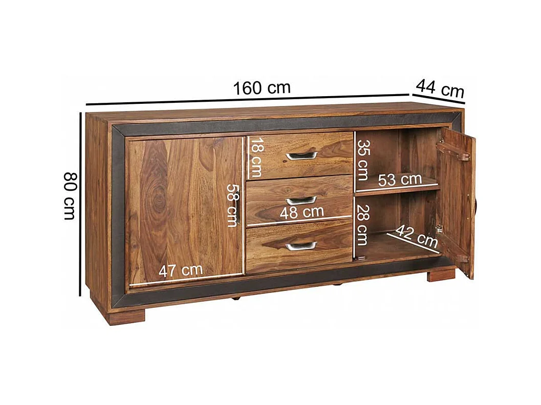 Wohnzimmer Sideboard aus Sheesham Massivholz Kunstleder