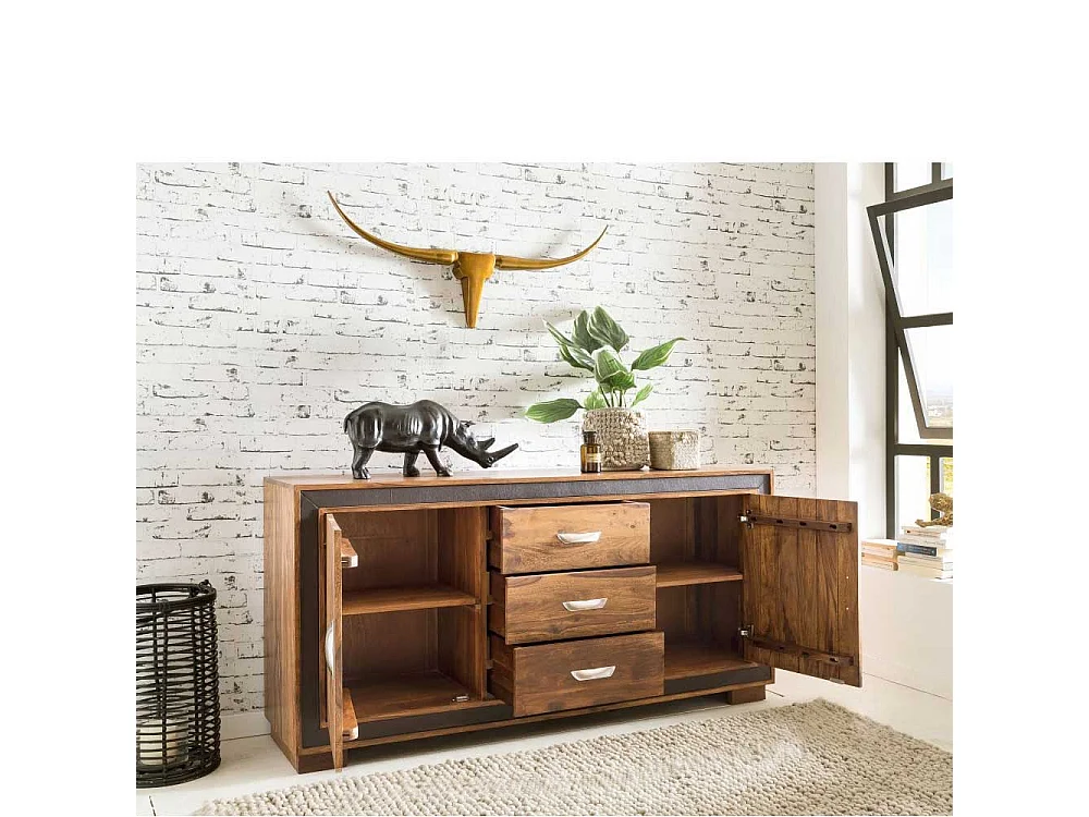 Wohnzimmer Sideboard aus Sheesham Massivholz Kunstleder