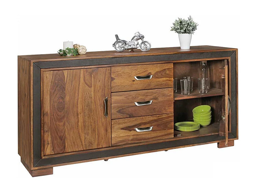 Wohnzimmer Sideboard aus Sheesham Massivholz Kunstleder