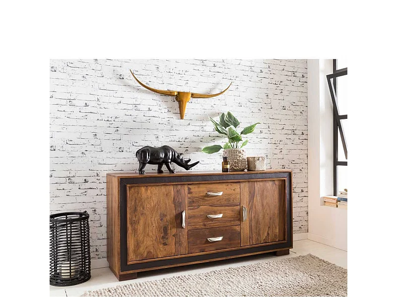 Wohnzimmer Sideboard aus Sheesham Massivholz Kunstleder