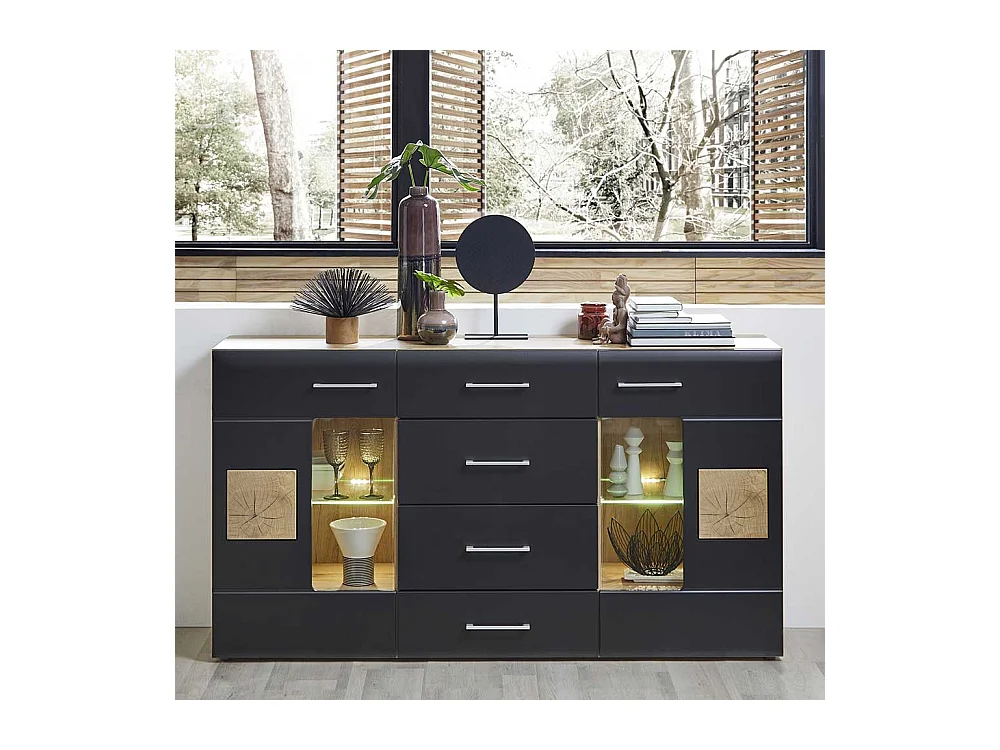 Wohnzimmerschrank Sideboard in Wildeichefarben Schwarz