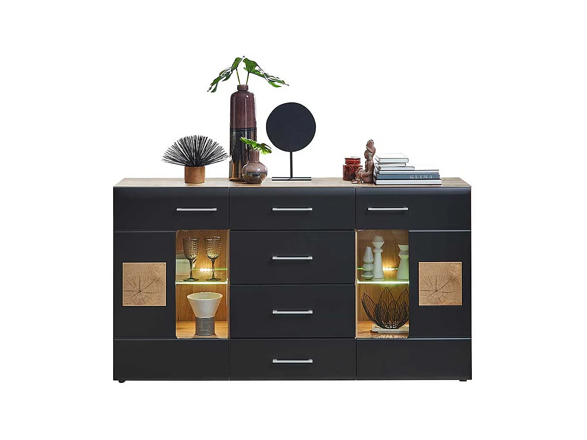 Wohnzimmerschrank Sideboard in Wildeichefarben Schwarz