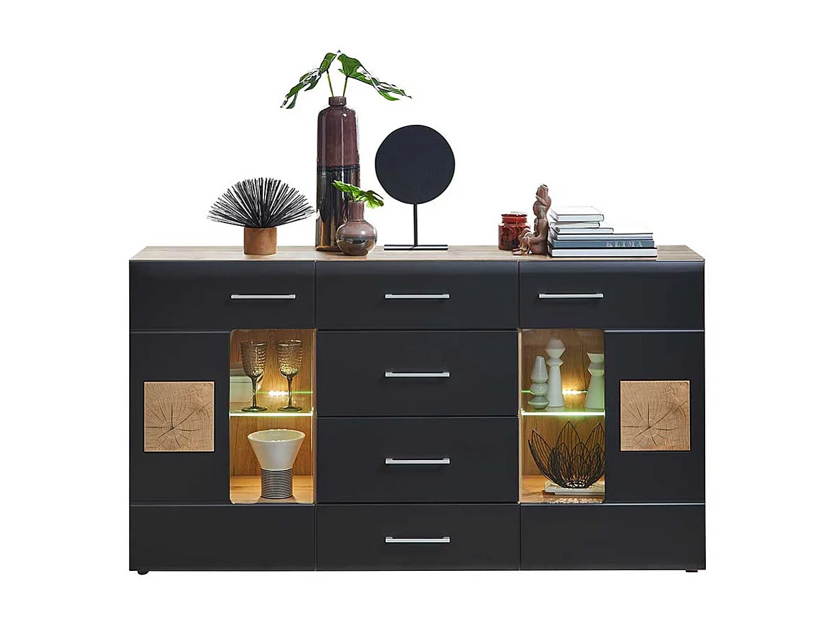 Wohnzimmerschrank Sideboard in Wildeichefarben Schwarz