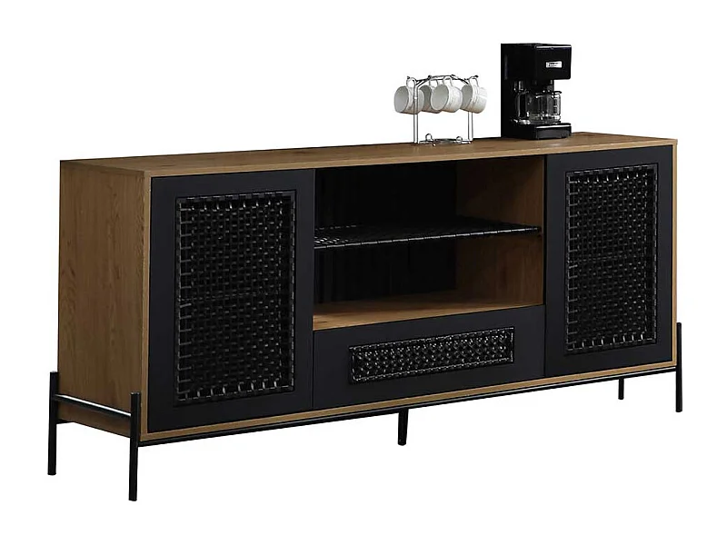 Sideboard in Holz Naturfarben und Schwarz Kunstrattan Front