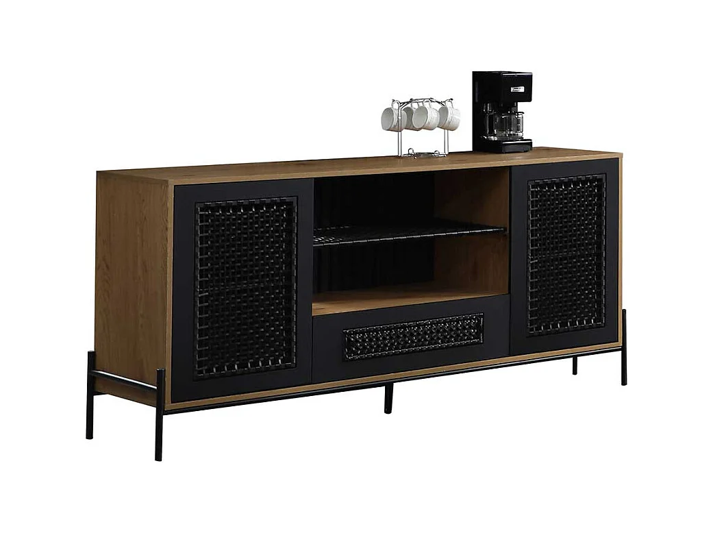 Sideboard in Holz Naturfarben und Schwarz Kunstrattan Front