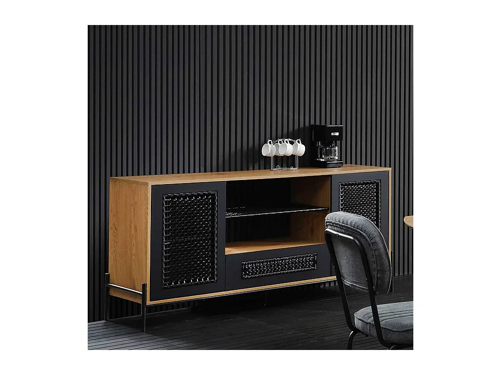Sideboard in Holz Naturfarben und Schwarz Kunstrattan Front