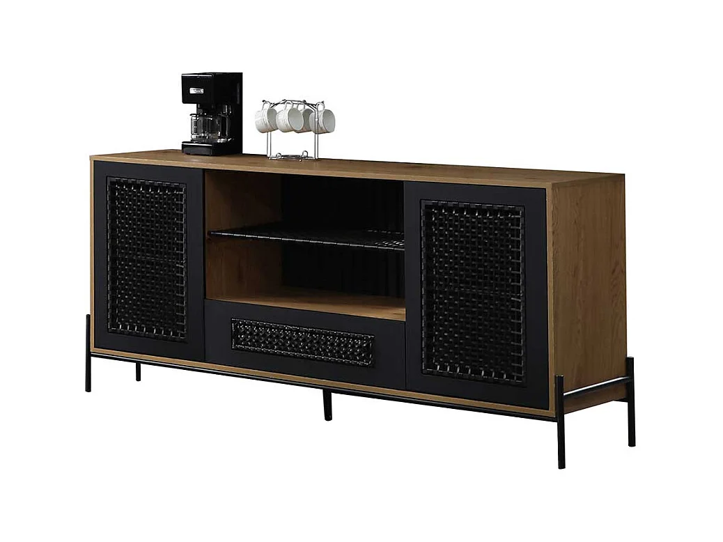 Sideboard in Holz Naturfarben und Schwarz Kunstrattan Front