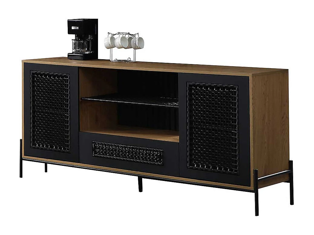 Sideboard in Holz Naturfarben und Schwarz Kunstrattan Front