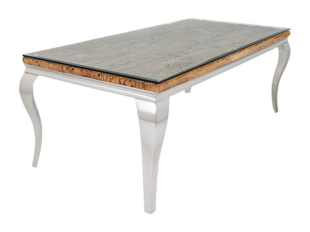 Eettafel VELENA - Rechthoekig 200 cm - Teakhout, glas en zilverkleurig staal - Barok chic stijl