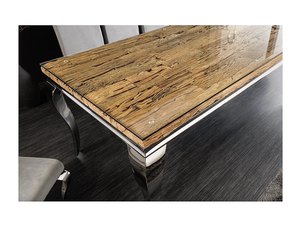 Eettafel VELENA - Rechthoekig 200 cm - Teakhout, glas en zilverkleurig staal - Barok chic stijl