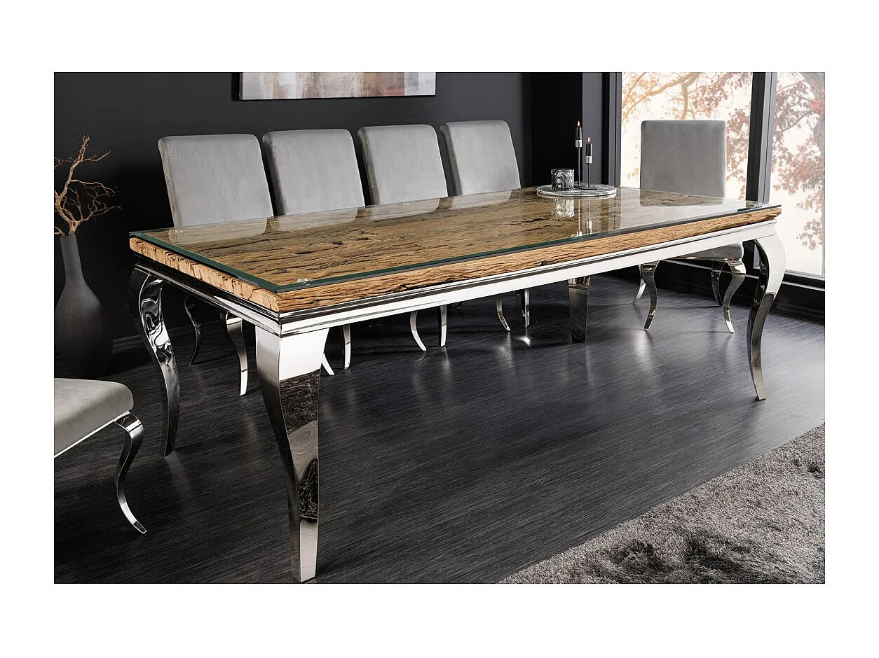 Esstisch VELENA – Rechteckig 200 cm – Teakholz, Glas und silberner Stahl – Barock-Chic-Stil
