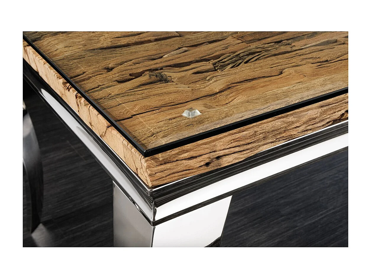 Esstisch VELENA – Rechteckig 200 cm – Teakholz, Glas und silberner Stahl – Barock-Chic-Stil