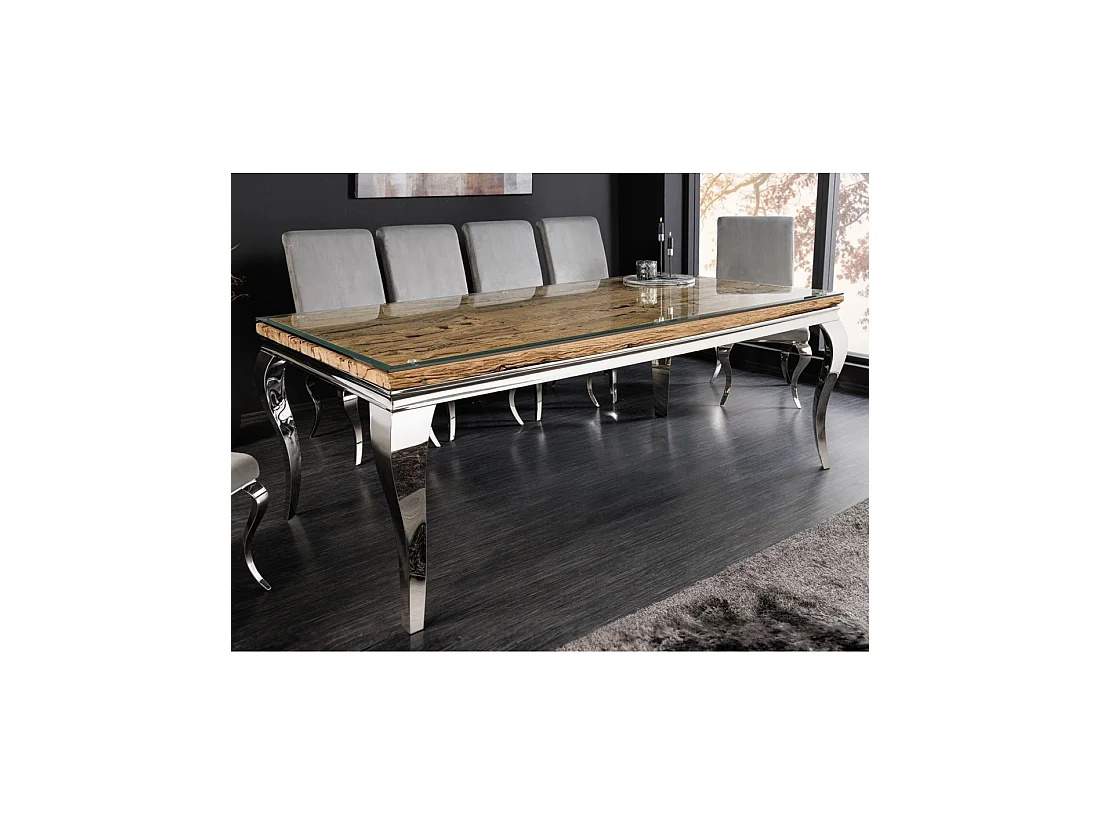 Table de salle à manger VELENA – Rectangulaire 200 cm – Bois de teck, verre et acier argenté – Style baroque chic