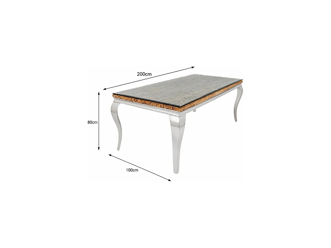 Table de salle à manger VELENA – Rectangulaire 200 cm – Bois de teck, verre et acier argenté – Style baroque chic
