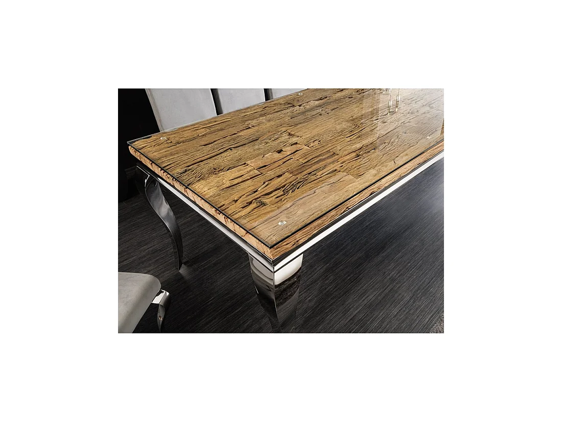 Table de salle à manger VELENA – Rectangulaire 200 cm – Bois de teck, verre et acier argenté – Style baroque chic