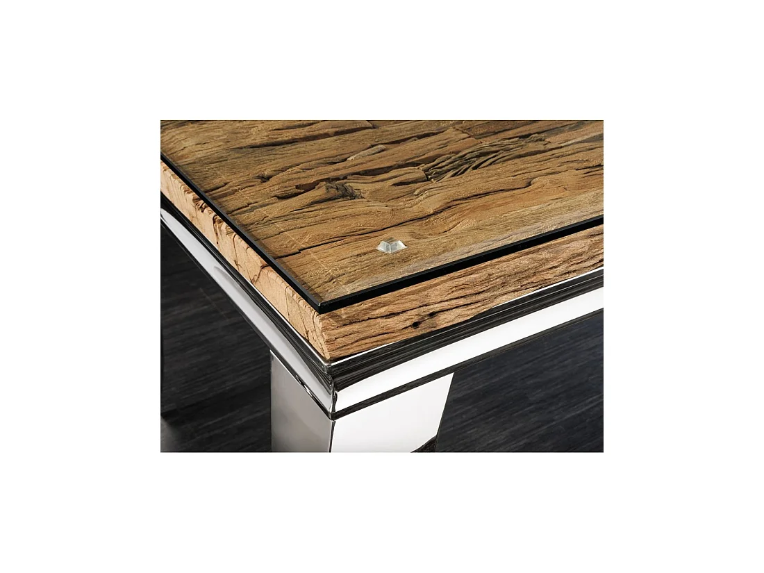 Table de salle à manger VELENA – Rectangulaire 200 cm – Bois de teck, verre et acier argenté – Style baroque chic