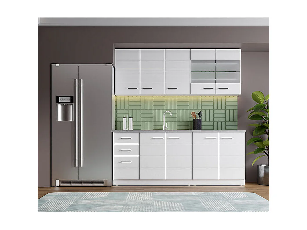 Cuisine 6 éléments couleur blanc brillant avec plan de travail - Longueur 200 x Profondeur 51/60 x Hauteur 200 cm