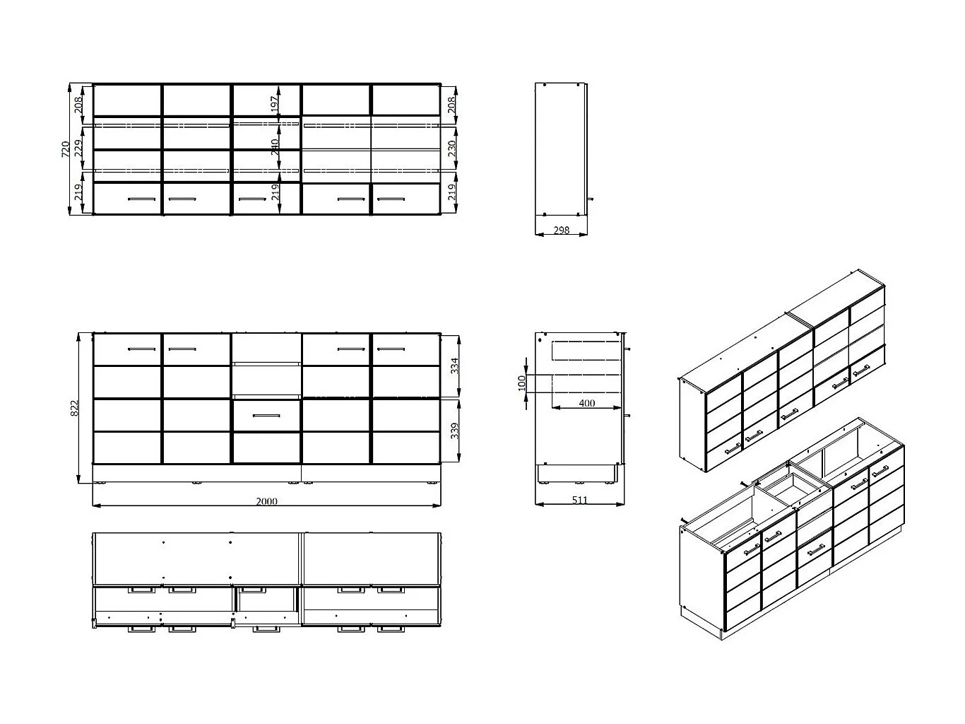Cuisine 6 éléments couleur blanc brillant avec plan de travail - Longueur 200 x Profondeur 51/60 x Hauteur 200 cm