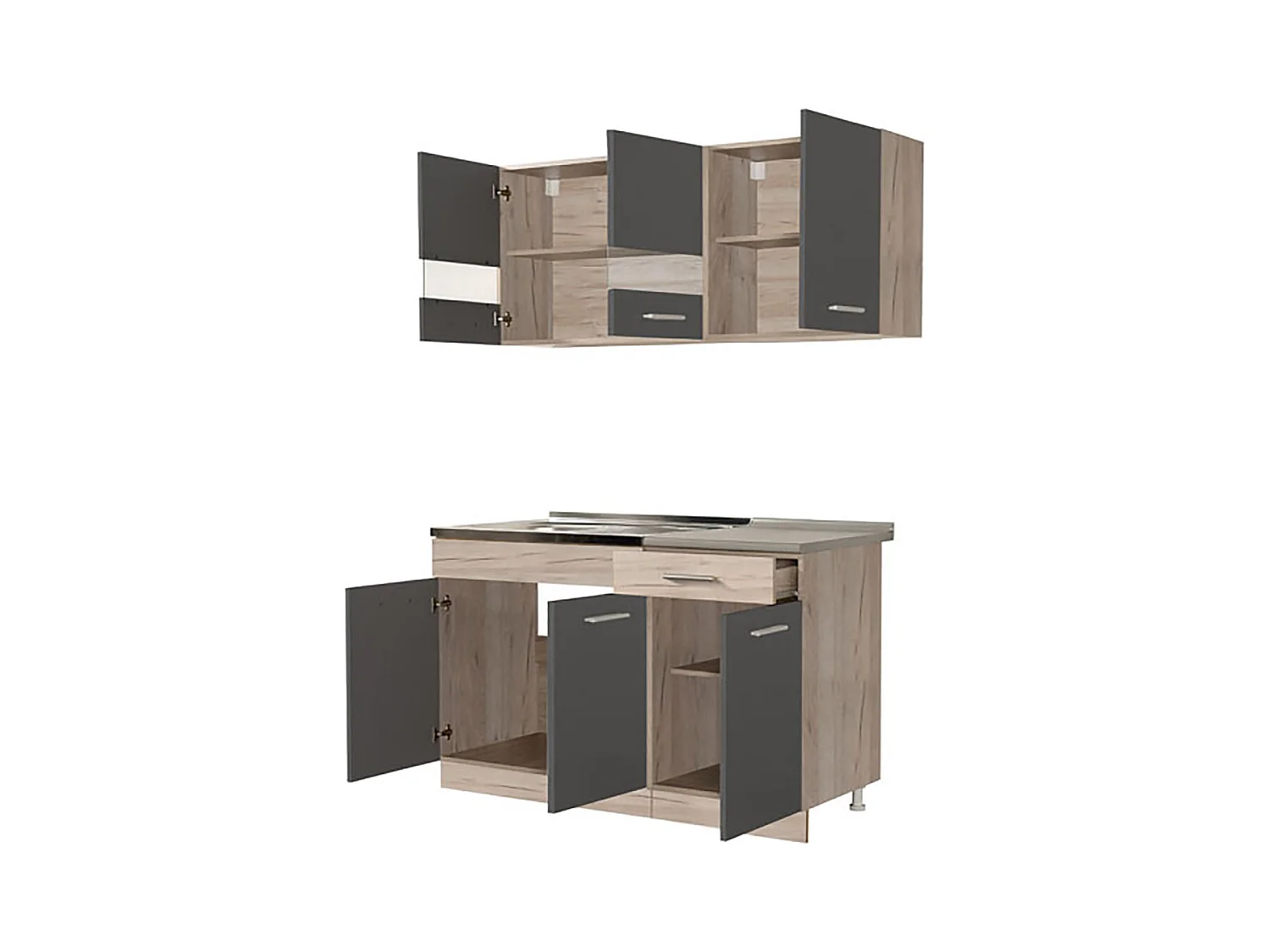 Cuisine 4 éléments couleur chêne/gris avec plan de travail - Longueur 120 x Profondeur 51.6/60 x Hauteur 206.5 cm