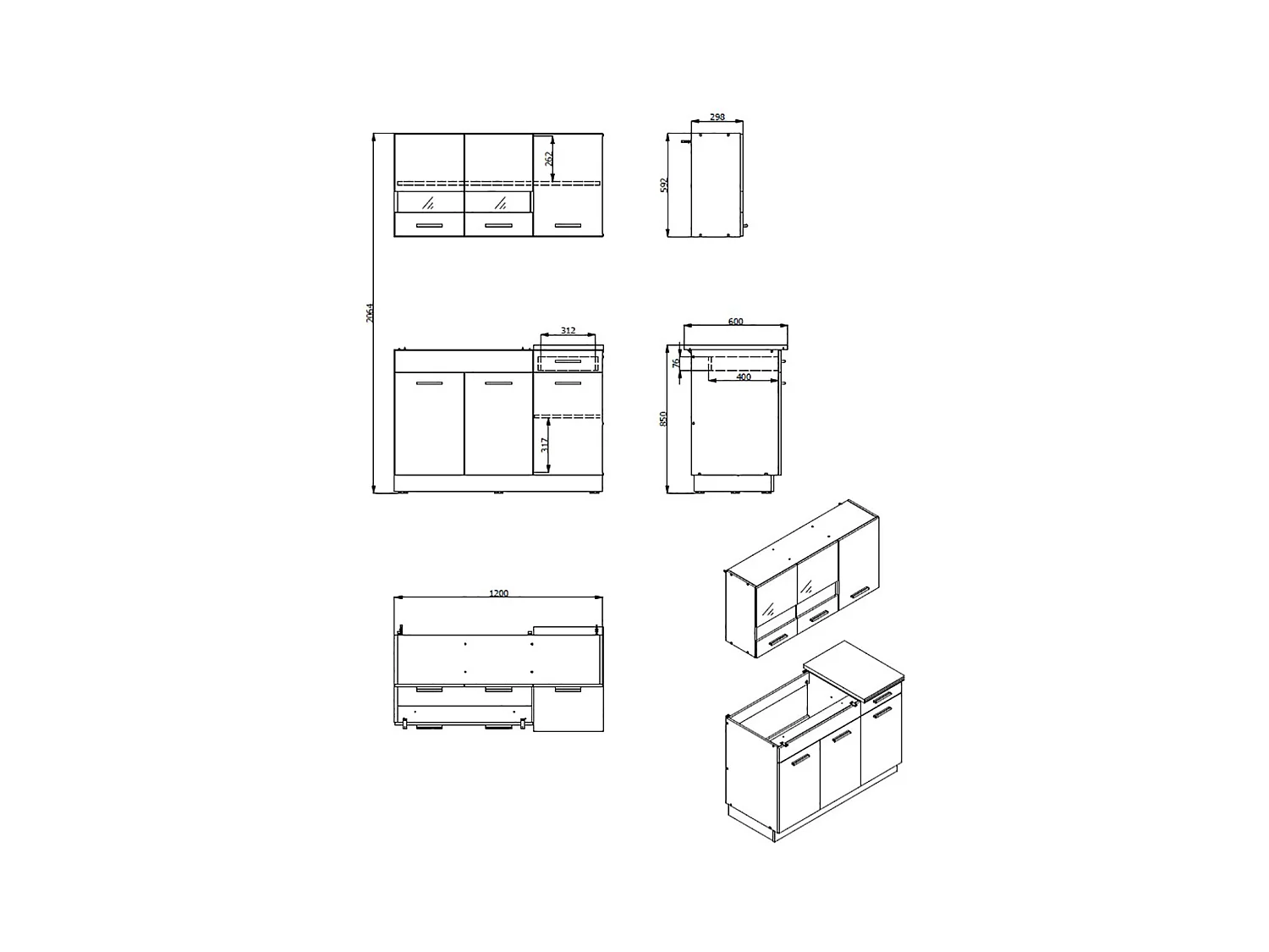 Cuisine 4 éléments couleur chêne/gris avec plan de travail - Longueur 120 x Profondeur 51.6/60 x Hauteur 206.5 cm