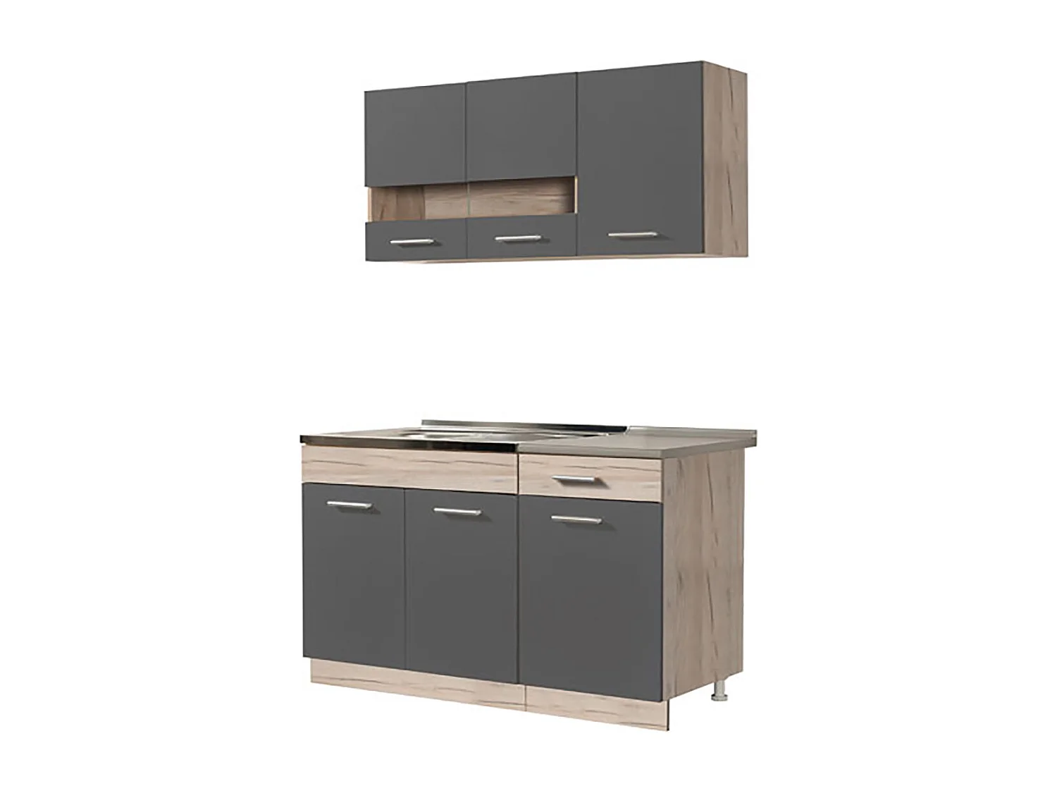 Cuisine 4 éléments couleur chêne/gris avec plan de travail - Longueur 120 x Profondeur 51.6/60 x Hauteur 206.5 cm