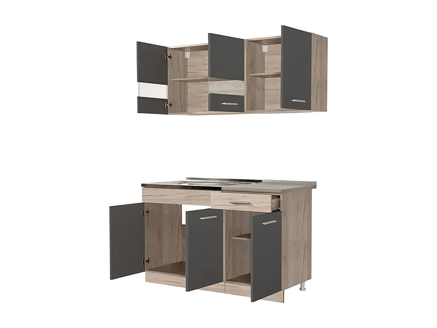 Cuisine 4 éléments couleur chêne/gris avec plan de travail - Longueur 120 x Profondeur 51.6/60 x Hauteur 206.5 cm