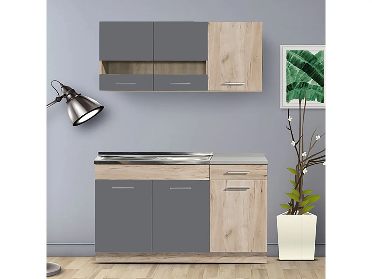Cuisine 4 éléments couleur chêne/gris avec plan de travail - Longueur 120 x Profondeur 51.6/60 x Hauteur 206.5 cm