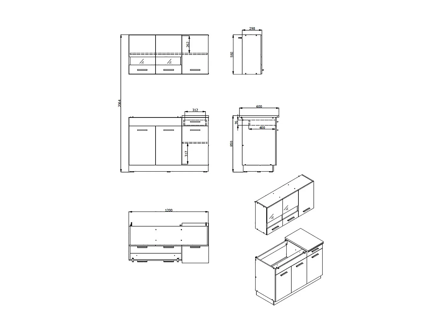 Cuisine 4 éléments couleur chêne/gris avec plan de travail - Longueur 120 x Profondeur 51.6/60 x Hauteur 206.5 cm
