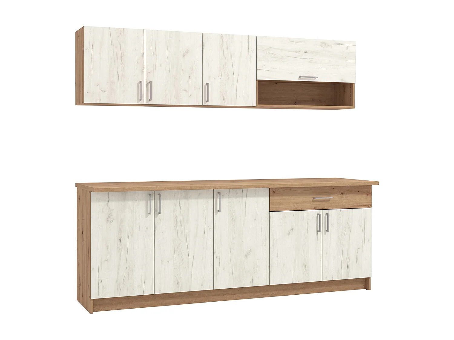 Cuisine 6 éléments couleur Blanc / chêne artisan avec plan de travail - Longueur 200 x Profondeur 46/60 x Hauteur 200 cm