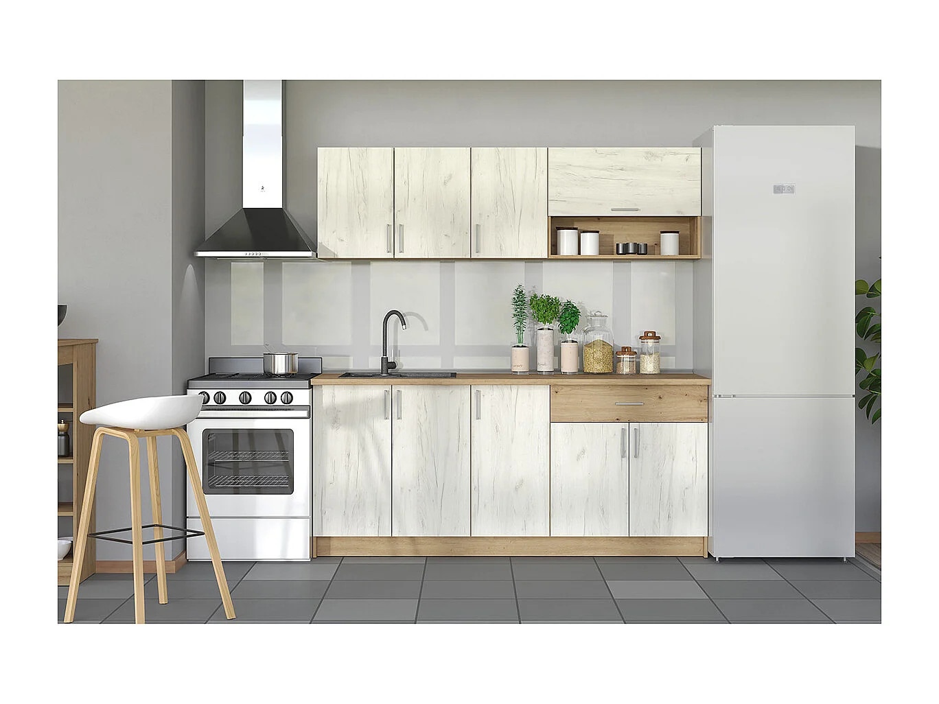 Cuisine 6 éléments couleur Blanc / chêne artisan avec plan de travail - Longueur 200 x Profondeur 46/60 x Hauteur 200 cm