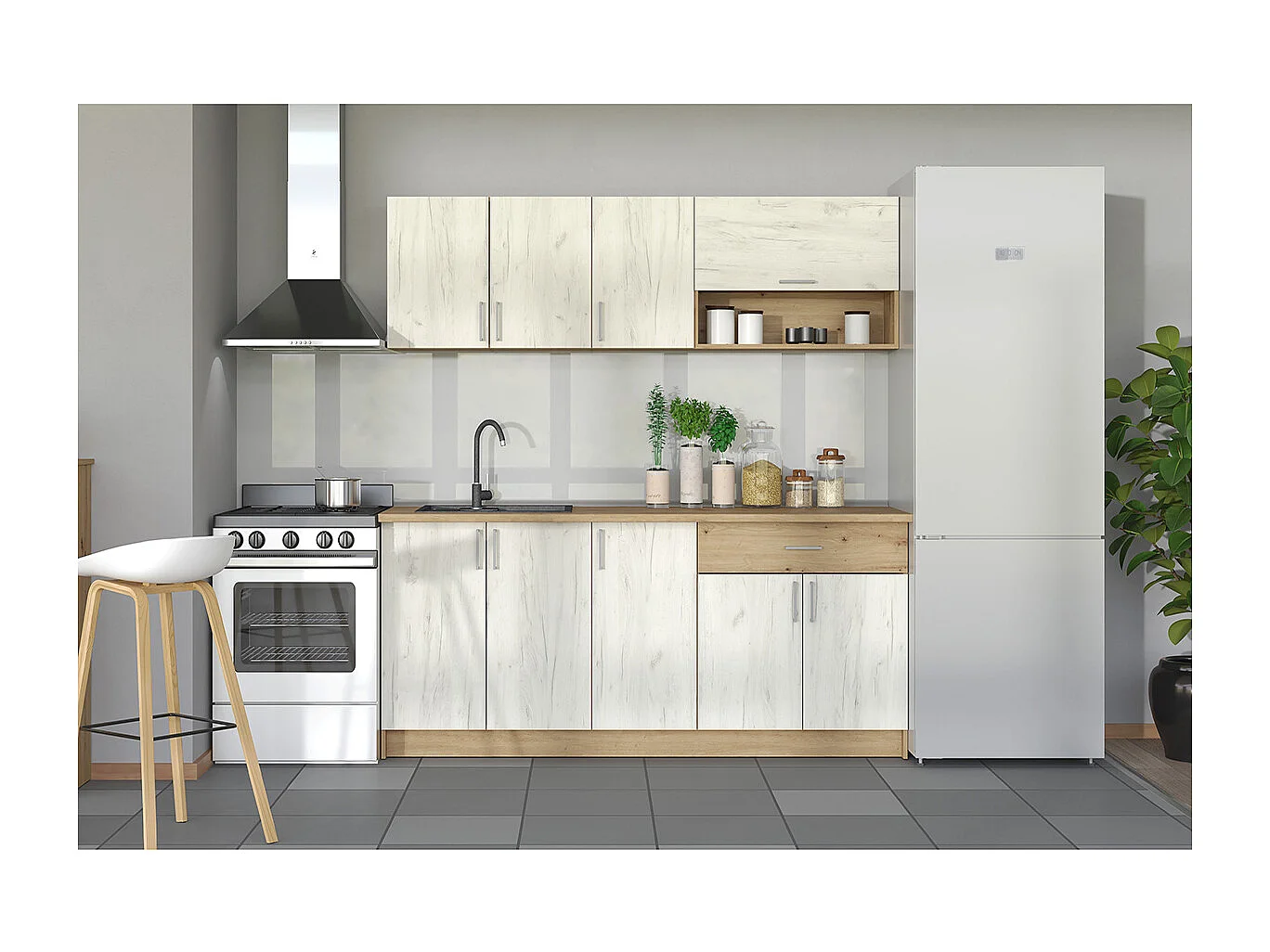 Cuisine 6 éléments couleur Blanc / chêne artisan avec plan de travail - Longueur 200 x Profondeur 46/60 x Hauteur 200 cm